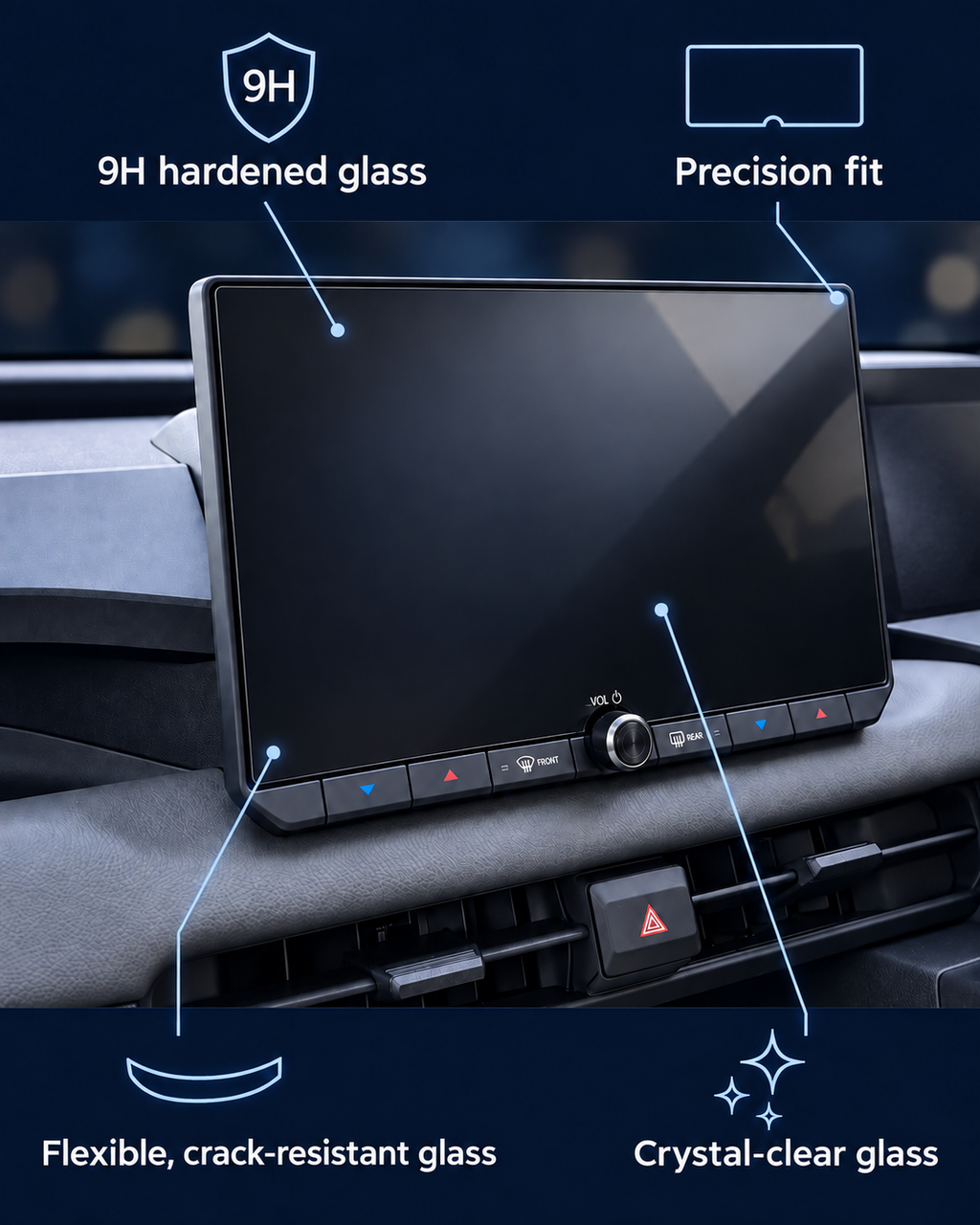 RAV4 screen protector feature guide: 9H hardened glass, precision fit, flexible crack-resistant glass and crystal-clear glass