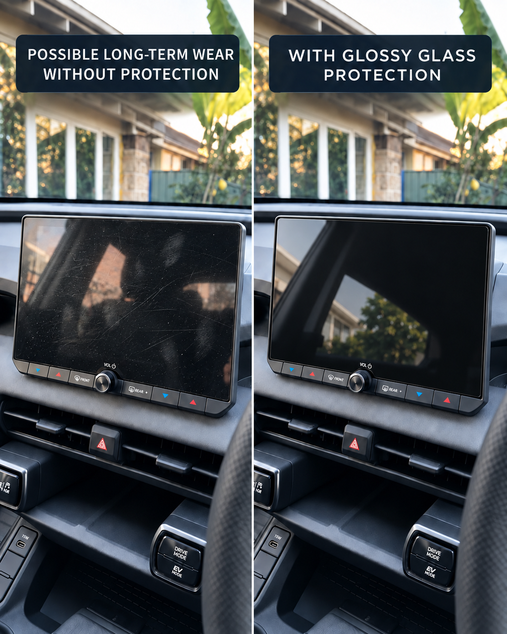 Illustrative comparison of possible long-term wear without screen protection and a clean glossy glass protected RAV4 display